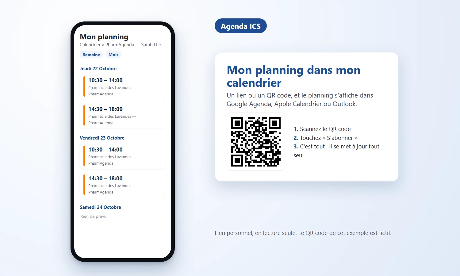 Planning d'un salarié affiché dans l'application calendrier de son smartphone, avec le QR code d'abonnement à scanner